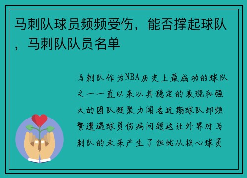 马刺队球员频频受伤，能否撑起球队，马刺队队员名单