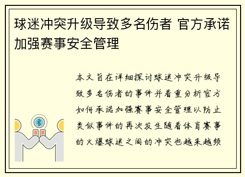 球迷冲突升级导致多名伤者 官方承诺加强赛事安全管理 球迷冲突升级导致多名伤者 官方承诺加强赛事安全管理